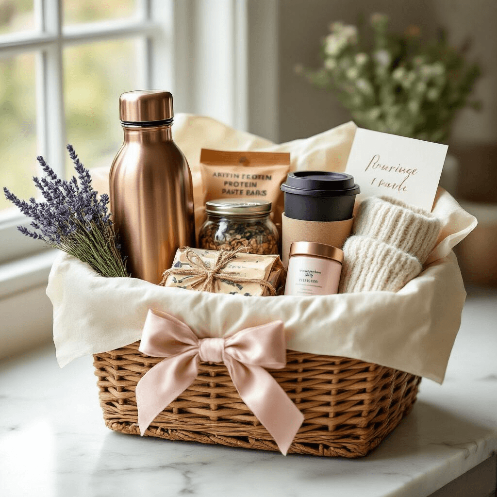 Gender Reveal Gifts That Don't Suck: What to Actually Bring to the Party Close-up detail of a luxurious parent pampering gift basket on a white marble countertop, featuring a woven basket with cream tissue paper, filled with a copper water bottle, artisan protein bars, herbal tea, a black travel coffee cup, chunky knit ivory socks, rose-tinted lip balm, pearlescent hand cream, dried lavender, and a handwritten card, all under soft natural light.
