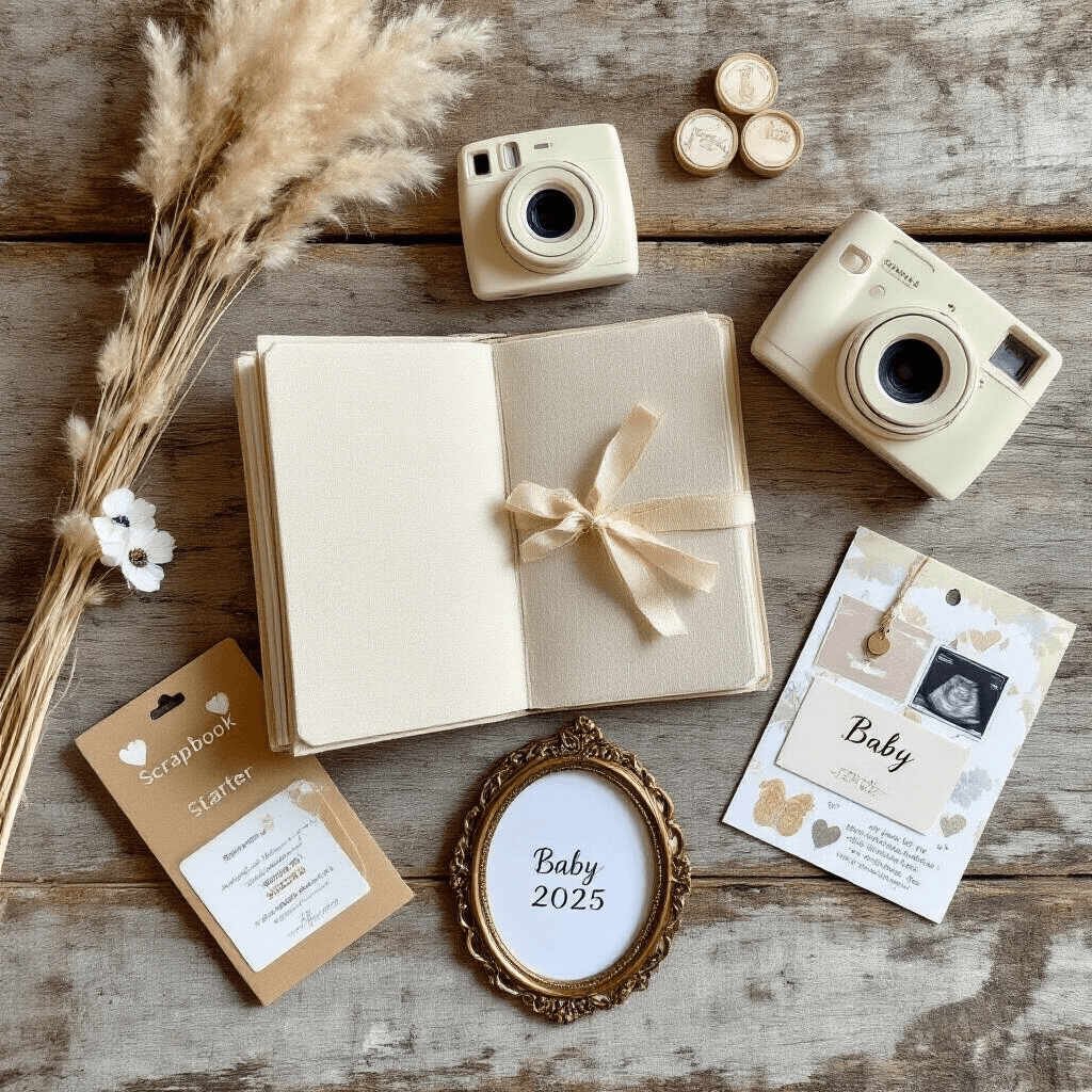 Gender Reveal Gifts That Don't Suck: What to Actually Bring to the Party Overhead flat lay of a rustic oak surface showcasing a pregnancy memory book, vintage instant camera with film, scrapbook kit, decorative stickers, brass photo display, and a personalized ornament on velvet ribbon, framed by dried pampas grass and white anemone flowers, all in warm cream, antique brass, dusty ivory, and sage tones.