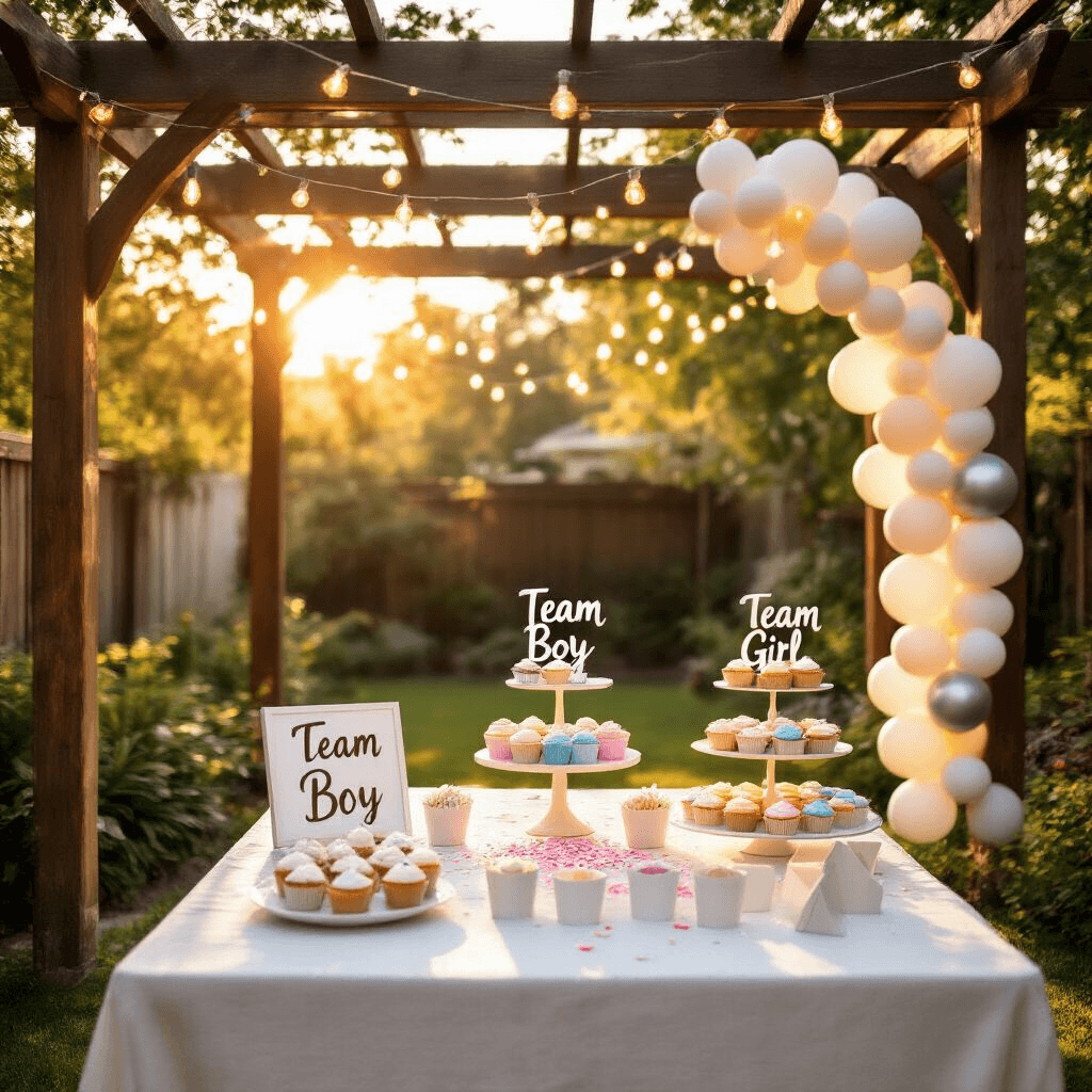 Gender Reveal Gifts That Don't Suck: What to Actually Bring to the Party Cinematic wide-angle shot of a sunlit backyard garden venue during golden hour, featuring string fairy lights, a white linen-draped table with color-reveal confetti cannons, a tiered dessert stand of cupcakes, a metallic balloon garland, and handmade photo booth props, all surrounded by terracotta potted herbs and peonies, creating a festive and magical atmosphere for a gender reveal party.