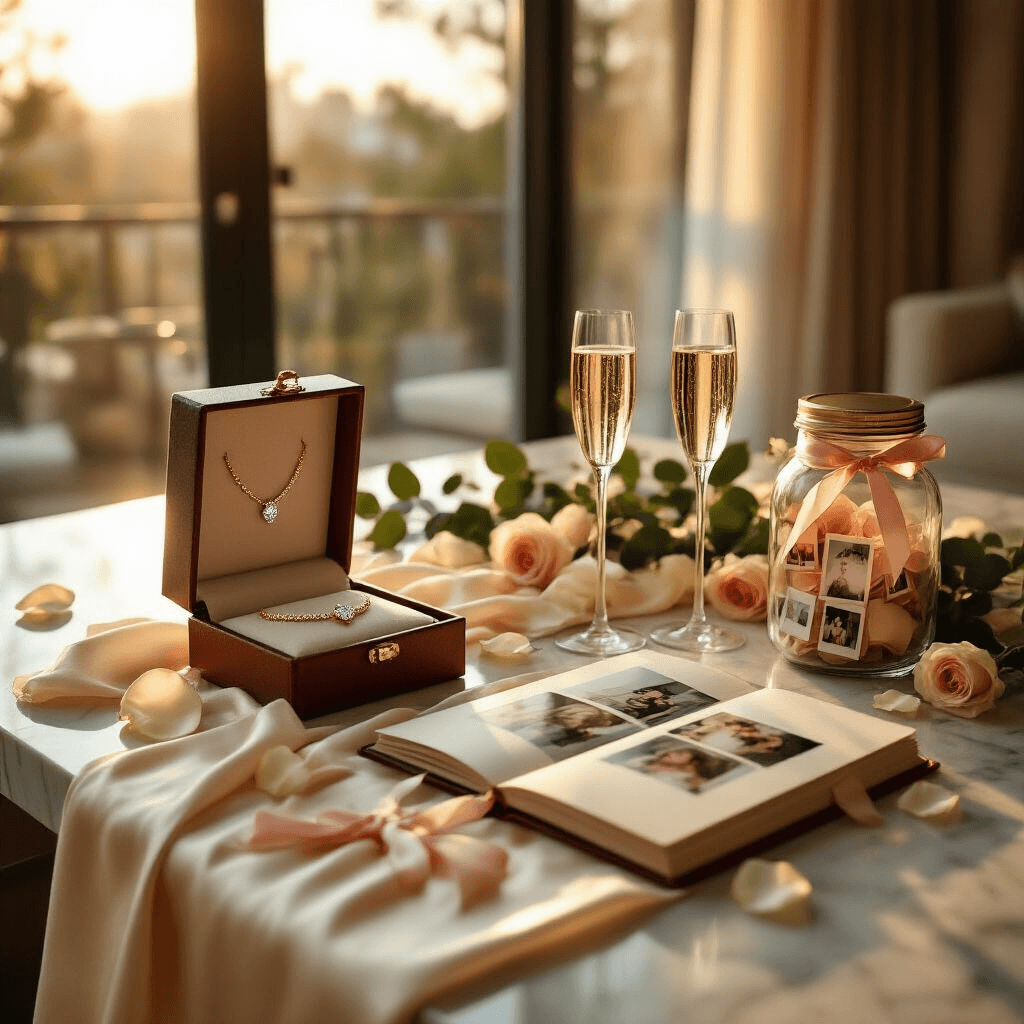 The 21st Birthday Gift Guide: What Actually Matters When You Turn Legal A warm, intimate scene of a 21st birthday celebration in a modern apartment, featuring a marble countertop adorned with a velvet-lined jewelry box, a leather photo book revealing polaroids, and a memory jar, all bathed in golden hour light with champagne flutes and scattered rose petals.