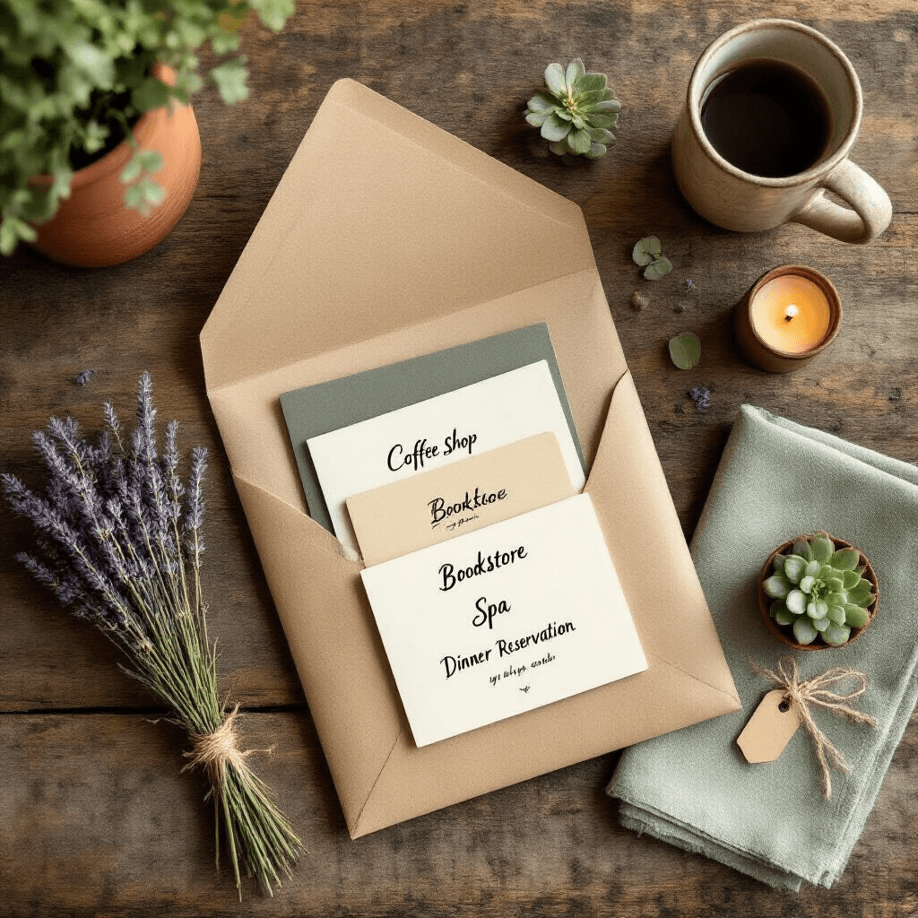 The 21st Birthday Gift Guide: What Actually Matters When You Turn Legal An overhead flat-lay photograph of a beautifully assembled 21st birthday gift bundle on rustic wood. Features a kraft envelope with layered gift cards for a coffee shop, bookstore, spa, and dinner reservation, each with handwritten calligraphy tags. Surrounding elements include a ceramic mug, sage green linen napkin, dried lavender, eucalyptus sprigs, a beeswax candle, and a miniature succulent, all in a terracotta and sage color palette. Soft morning light casts gentle shadows.