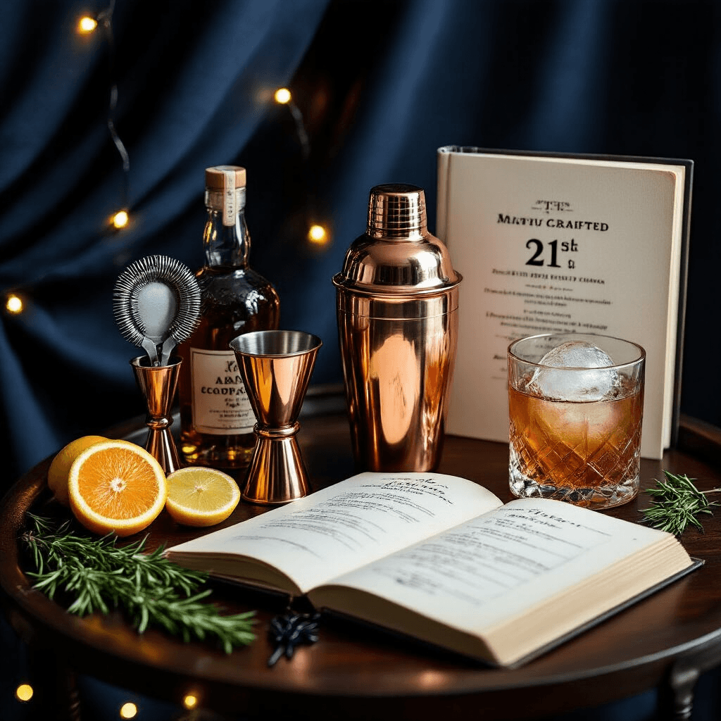 The 21st Birthday Gift Guide: What Actually Matters When You Turn Legal A close-up of a 21st birthday cocktail kit on a dark walnut bar cart, featuring a copper cocktail shaker, jigger, and strainer alongside an open cocktail recipe book. Small-batch spirit bottles with custom labels, a crystal lowball glass with a large ice sphere, fresh citrus slices, rosemary, and black cocktail picks add texture, illuminated by warm amber fairy lights against deep navy linen curtains.