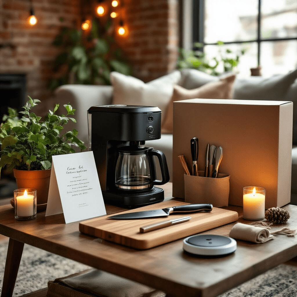 The 21st Birthday Gift Guide: What Actually Matters When You Turn Legal A cozy living room scene featuring a low mid-century wooden table with a curated collection of practical adulting gifts, including a matte black espresso maker, a premium chef's knife on a butcher block cutting board, a compact tool kit in a canvas roll, and a sleek robotic vacuum box. Soft candlelight and warm Edison bulbs illuminate the space, complemented by potted greenery and a worn leather journal. A handwritten card rests against the espresso machine, creating an intimate and grounded atmosphere.