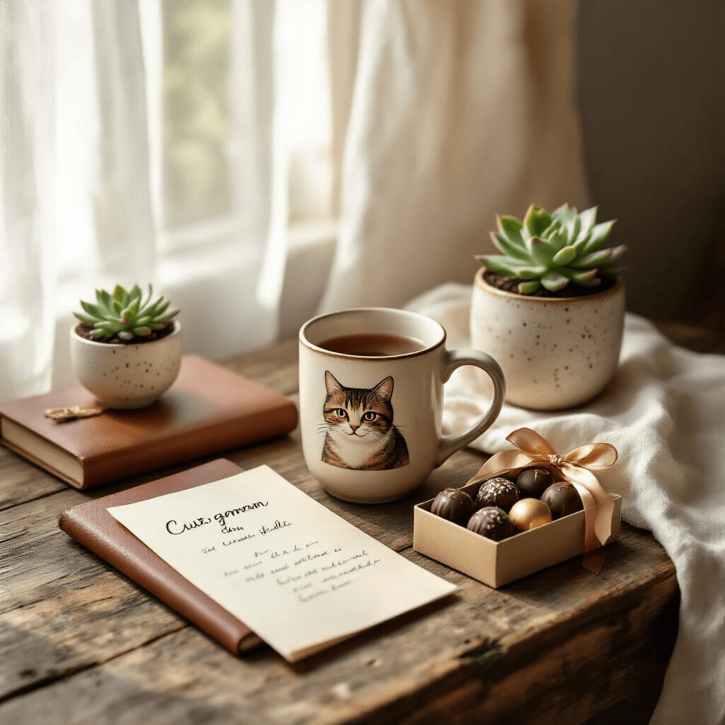 Thank You Gifts That Actually Mean Something (Without Breaking the Bank) A cozy flat lay scene featuring a custom ceramic mug with a playful cat photo, a handwritten note on cream linen paper, a cognac brown monogrammed leather journal, a petite succulent in a speckled white pot, and a ribbon-tied box of artisan chocolate truffles, all arranged on a rustic reclaimed wood surface with warm lighting. A linen napkin adds texture, while a candle casts a soft amber glow in the corner.