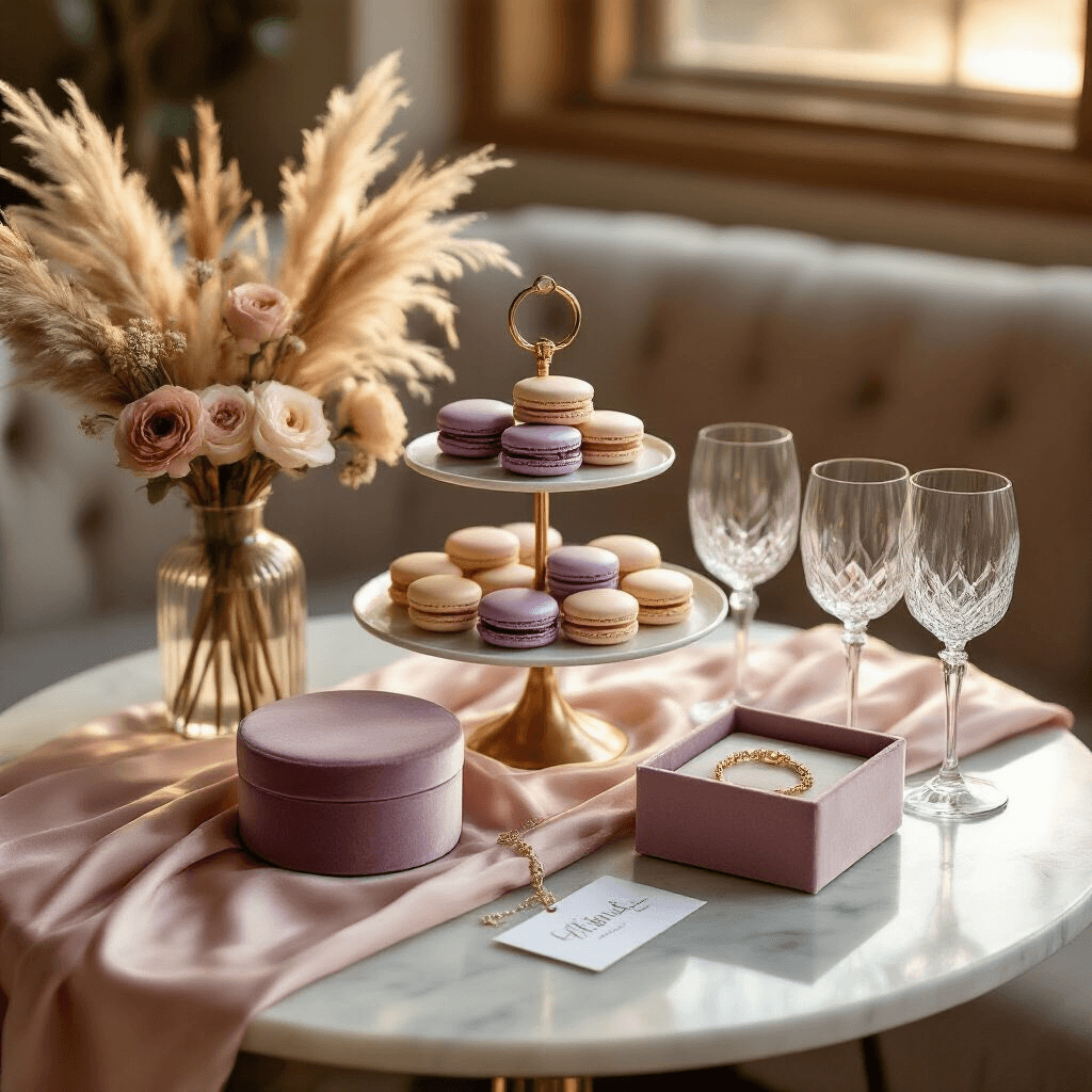 Thank You Gifts That Actually Mean Something (Without Breaking the Bank) A beautifully styled dining nook featuring a marble-top side table adorned with a blush pink silk runner, a tiered stand of French macarons in lavender, rose, and ivory, a dusty mauve gift box with a personalized bracelet, a bouquet of dried pampas grass and blush ranunculus, and crystal wine glasses, all bathed in warm golden hour light.