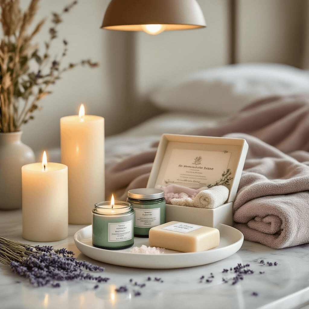 Thank You Gifts That Actually Mean Something (Without Breaking the Bank) A cozy bedroom vanity vignette featuring an open luxury spa gift box with artisan bath salts, handmade lavender soap, and a muslin face cloth, surrounded by cream pillar candles and a warm pendant lamp. A eucalyptus-scented soy candle in a matte white tray and a plush taupe throw blanket complete the scene, with scattered dried lavender sprigs on a marble countertop. The color palette includes sage green, soft white, warm taupe, and dusty lavender, creating a candlelit, moody atmosphere with gentle bokeh in the background.