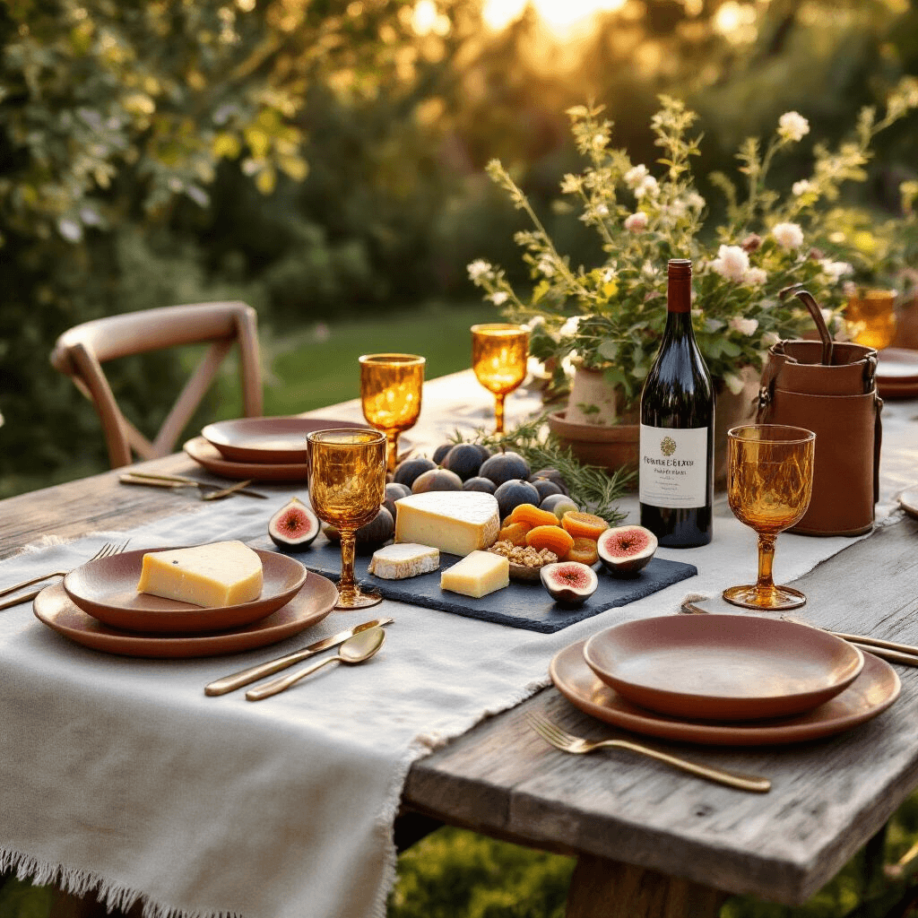 Thank You Gifts That Actually Mean Something (Without Breaking the Bank) A beautifully styled outdoor thank-you gathering at golden hour, featuring a rustic wooden table set for four with terracotta plates, brass cutlery, and amber glass tumblers. The centerpiece includes a generous cheese and charcuterie spread with fresh figs, honeycomb, and rosemary. A bottle of red wine is placed in a leather carrier, accompanied by stemless glasses. Small bud vases with wild flowers adorn the table beneath a canopy of strung fairy lights, captured in a warm, photorealistic atmosphere.