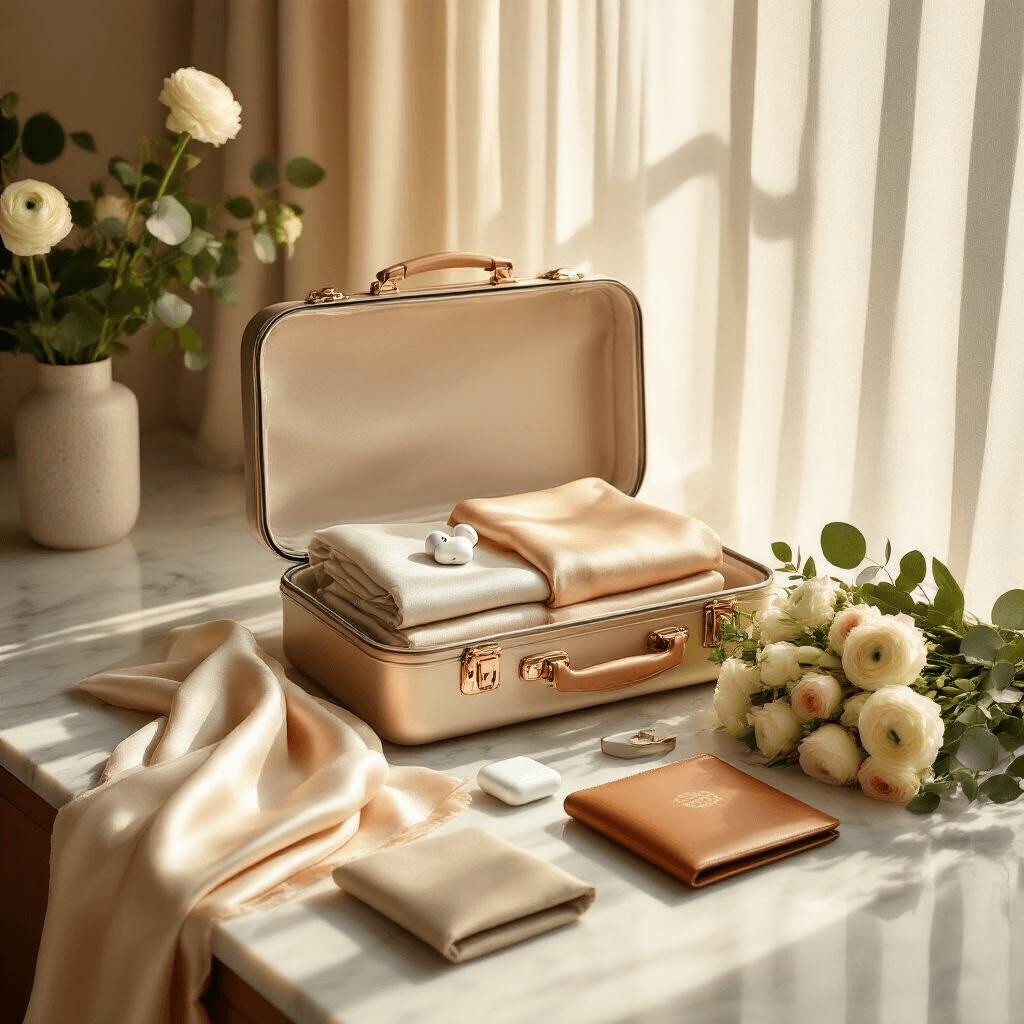 Graduation Gifts That Won't End Up in a Closet: What Actually Helps Real Life After the Cap Toss Wide-angle shot of a graduation gift display on a marble countertop, featuring a champagne gold suitcase, silk scarves, earbuds in a velvet pouch, a leather wallet, and a rose gold charger, surrounded by cream ranunculus and eucalyptus. Soft sunlight filters through sheer curtains, casting golden shadows, with a color palette of ivory, champagne, and dusty sage.