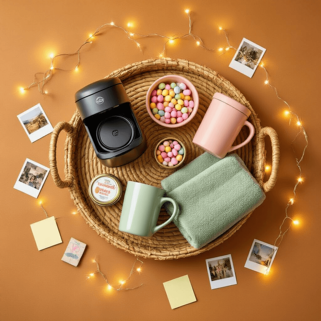 Graduation Gifts That Won't End Up in a Closet: What Actually Helps Real Life After the Cap Toss A cozy dorm-room gift basket scene shot from above, featuring a rattan tray filled with a matte black coffee maker, pastel pink shower caddy, mini first-aid tin, candy-filled ceramic mug, and folded sage green microfiber towel. Surrounding elements include scattered polaroid photos, handwritten sticky notes, and curling fairy lights, all set on a warm honey-toned wooden surface, embodying a playful and nurturing atmosphere.