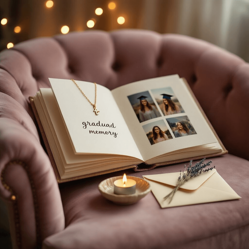 Graduation Gifts That Won't End Up in a Closet: What Actually Helps Real Life After the Cap Toss A close-up shot of a personalized graduation memory photo book open on a dusty rose armchair, featuring thick cream cardstock pages with handwritten captions under Polaroid-style photos. A delicate gold initial necklace lies across the open page. Beside the book, a small ceramic dish holds a flickering tealight, dried lavender, and a folded cream envelope. Soft bokeh fairy lights blur in the background against sheer ivory curtains, creating an intimate and sentimental atmosphere.