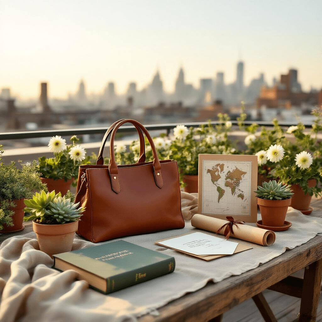 Graduation Gifts That Won't End Up in a Closet: What Actually Helps Real Life After the Cap Toss Wide shot of a stylish graduation gift table on a sunlit rooftop terrace, featuring a reclaimed wood table with natural linen, adorned with a cognac leather tote, a personal finance book, a rolled travel map, a potted succulent, and a handwritten letter. Terracotta pots of greenery and cream dahlias line the terrace, with a softly blurred city skyline in the background. The color palette includes terracotta, cognac leather, sage green, cream, and warm gold, evoking a grown-up, adventurous, and optimistically warm mood.