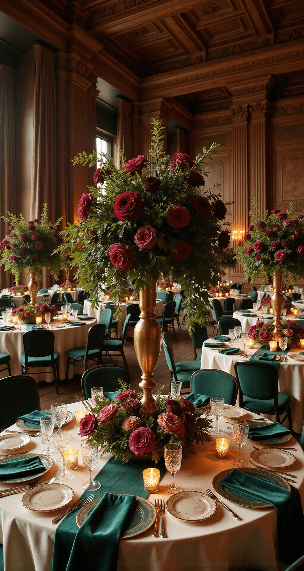Jewel Tone Wedding Decor: How to Create a Regal, Opulent Celebration That Glows with Luxury A grand historic ballroom adorned with ornate crown molding and dark wood paneling, illuminated by warm candlelight. Elegant round tables draped in cream silk and deep emerald velvet showcase towering floral centerpieces of burgundy dahlias, wine roses, and dark anemones. Brass candleholders and gold votive candles create warm light over gold charger plates and emerald-cut crystal glasses, while warm uplighting enhances the regal atmosphere filled with rich jewel tones and soft neutrals.