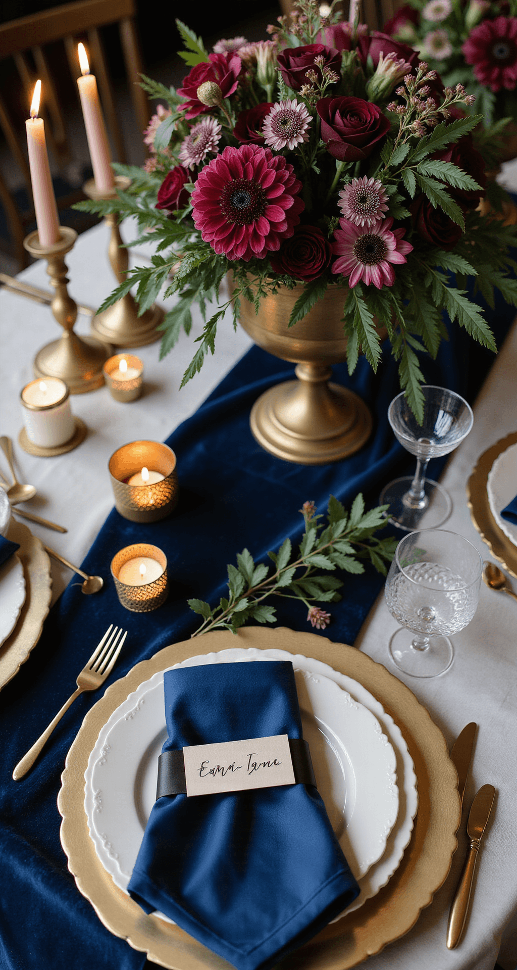 Jewel Tone Wedding Decor: How to Create a Regal, Opulent Celebration That Glows with Luxury Close-up of a jewel-tone wedding tablescape featuring a sapphire blue velvet runner, lush floral centerpiece in a brass compote, votive candles, taper candles on a tray, and elegant place settings with gold accents, all illuminated by soft candlelight.
