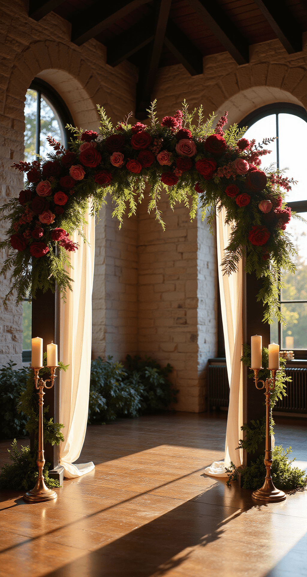 Jewel Tone Wedding Decor: How to Create a Regal, Opulent Celebration That Glows with Luxury A grand jewel-tone wedding ceremony arch adorned with deep crimson roses and amethyst ranunculus, set inside a historic ballroom with high stone ceilings, featuring brass candlestick holders and warm golden light streaming through tall windows.