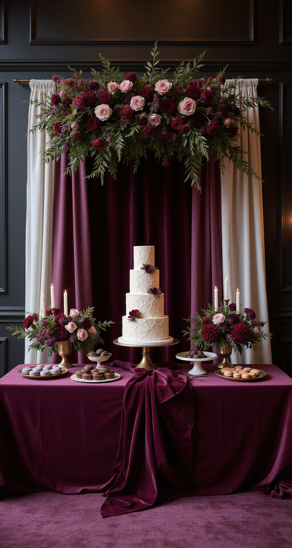 Jewel Tone Wedding Decor: How to Create a Regal, Opulent Celebration That Glows with Luxury A lavish wedding cake table styled with a five-tiered ivory cake adorned with jewel-tone floral sugar decorations, set in a dimly lit ballroom with dark paneled walls. The table features a deep plum satin cloth, surrounded by cascading sheer drapery, brass candelabras, and clusters of elegant desserts, exuding a luxurious and festive ambiance.