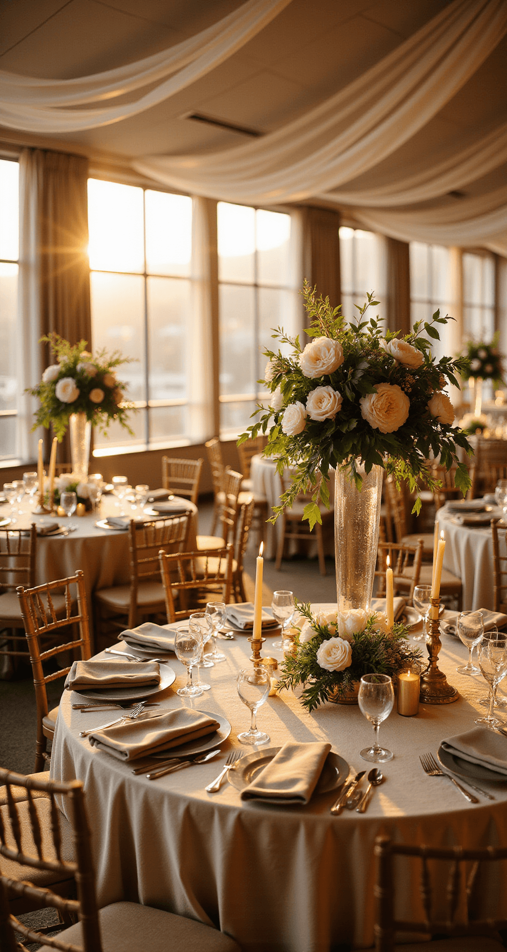 Neutral Wedding Decor: Creating Timeless Elegance Without a Single Bold Color A luxurious indoor ballroom wedding reception during golden hour, featuring ivory tablescapes with champagne runners, soft taupe napkins, elegant floral centerpieces, and glowing brass candleholders, all bathed in warm amber sunlight.
