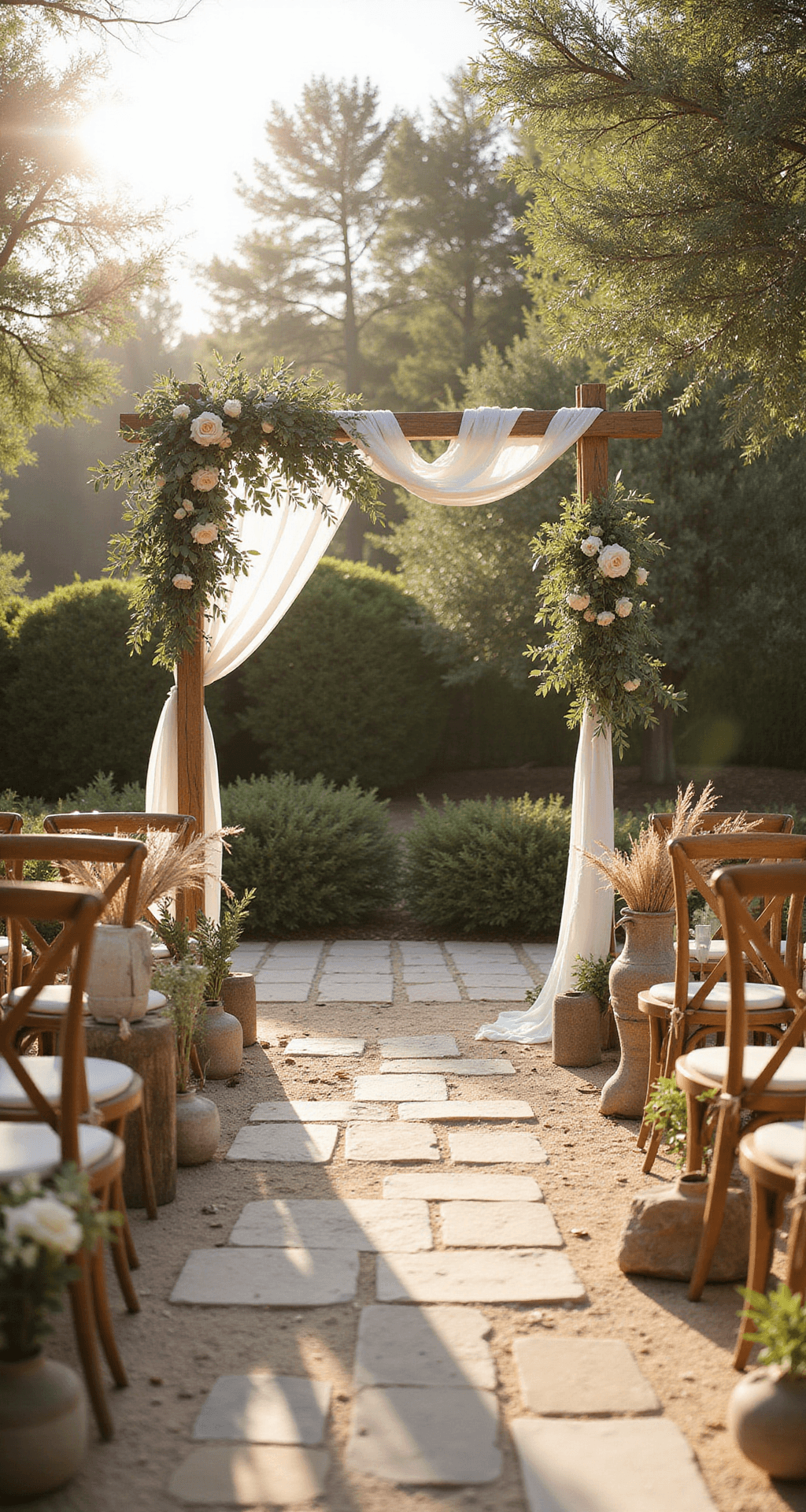 Neutral Wedding Decor: Creating Timeless Elegance Without a Single Bold Color A rustic outdoor garden wedding ceremony space in earthy taupe and sage neutrals, featuring a wooden arch draped with ivory linen and olive branch garlands, surrounded by mismatched ceramic vases and natural wood chairs, illuminated by golden hour sunlight.