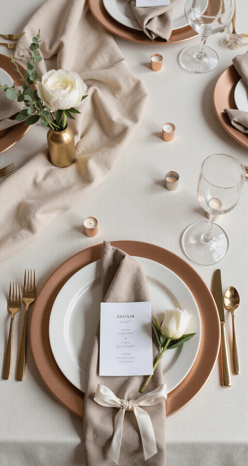 Neutral Wedding Decor: Creating Timeless Elegance Without a Single Bold Color An elegant overhead flat-lay of a neutral wedding table setting featuring a layered linen tablecloth, champagne silk runner, taupe napkin with ivory ribbon, rose gold charger plate, cream ceramic plate, and minimalist place card. Decorated with brass bud vases, white peony stems, gold-rimmed glassware, metallic cutlery, tea light votives, and eucalyptus accents, all bathed in soft natural light.