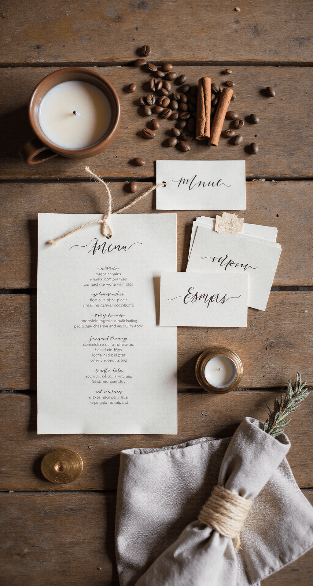 Brown Wedding Decor: The Complete Guide to Creating a Warm, Sophisticated Celebration Flat lay of a kraft paper wedding stationery suite on a weathered oak surface, including menu cards, luggage tags, and calligraphy place cards. Surrounded by cinnamon sticks, coffee beans, a dried pampas sprig, ivory wax seals, a taupe linen napkin with dried sage, and a small taper candle in a brass holder. Natural morning light creates soft shadows, showcasing a caramel, cream, kraft, and matte gold color palette.