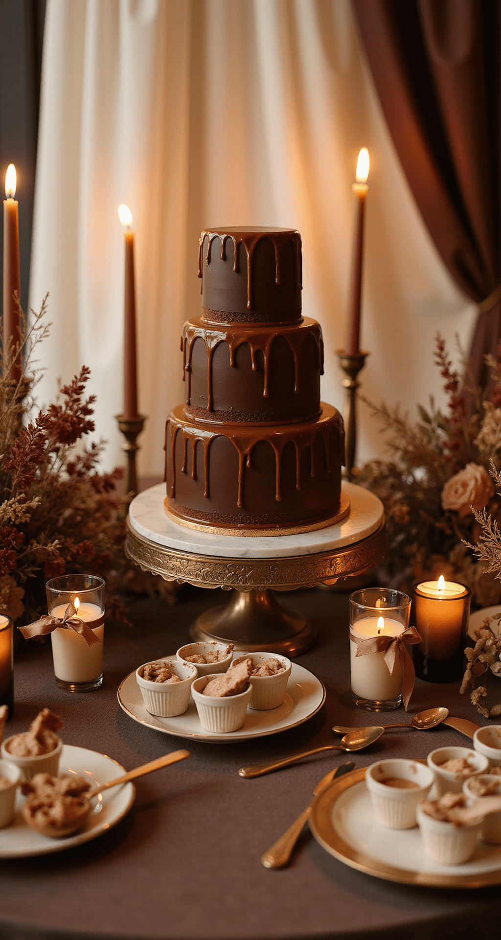 Brown Wedding Decor: The Complete Guide to Creating a Warm, Sophisticated Celebration Close-up shot of an elegant brown wedding dessert table featuring a three-tiered chocolate ganache cake with caramel drip, mini chocolate mousse cups, and caramel spoon favors, all set in a candlelit ballroom with a rich color palette of deep chocolate, burgundy, ivory, and champagne gold.