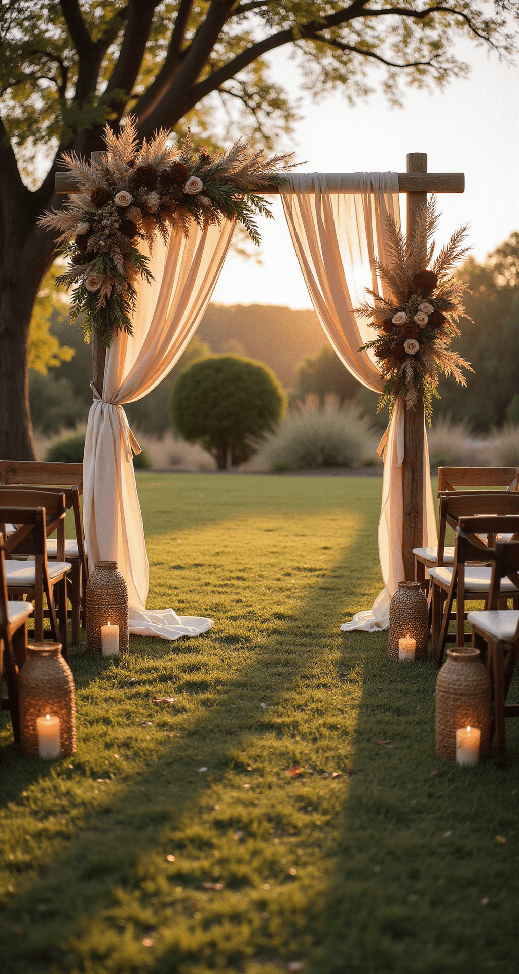 Brown Wedding Decor: The Complete Guide to Creating a Warm, Sophisticated Celebration Outdoor garden wedding ceremony at golden hour with a wood arch draped in cream and taupe fabric, decorated with pampas grass, dried wheat, and mocha roses. Lanterns along the aisle glow warm with candles, and rustic chairs are adorned with floral bundles tied with ribbon. The scene is bathed in golden light, creating a romantic and whimsical atmosphere.