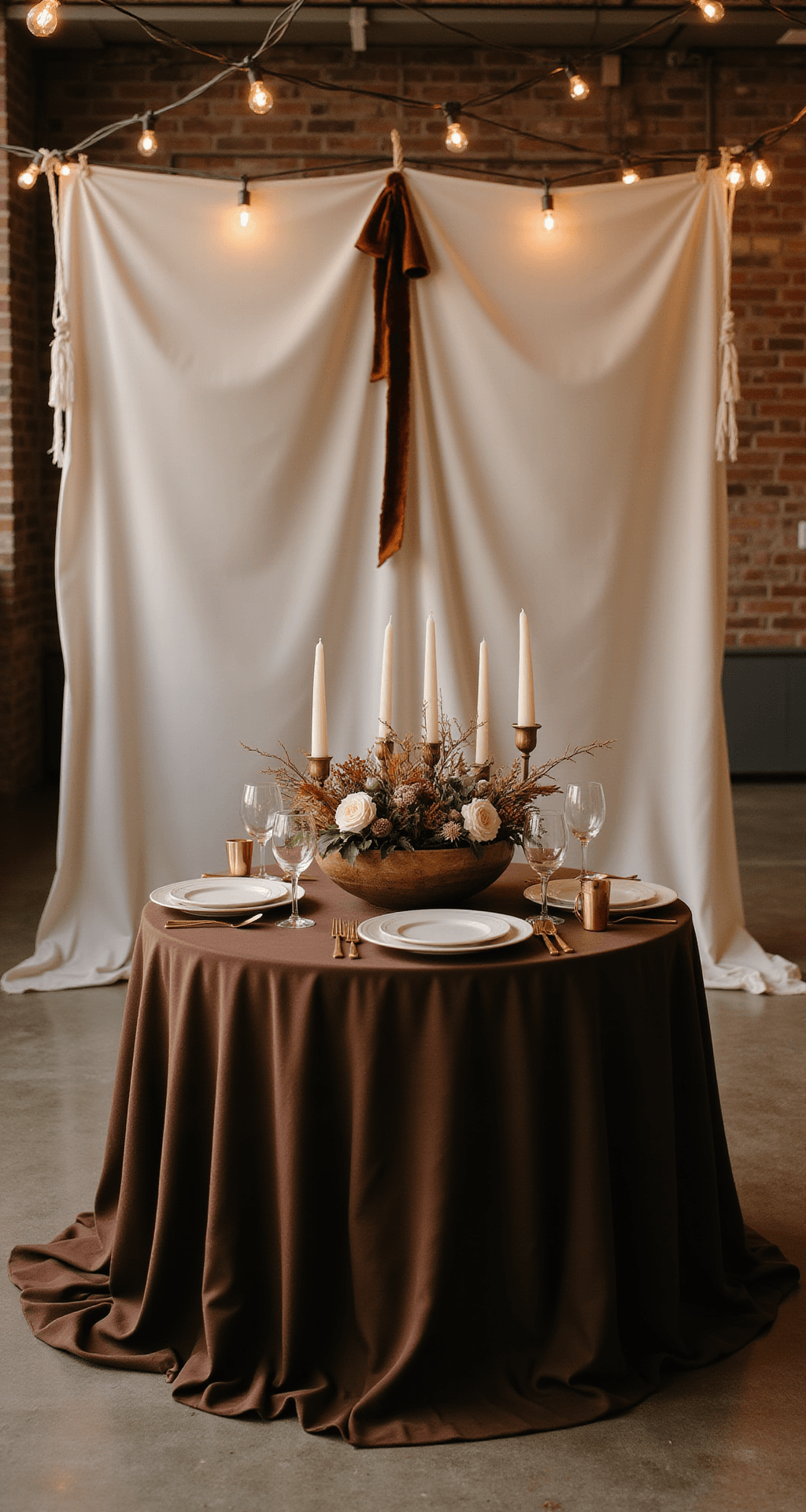Brown Wedding Decor: The Complete Guide to Creating a Warm, Sophisticated Celebration Cinematic medium shot of a romantic sweetheart table for two in a modern loft wedding venue, featuring deep chocolate brown silk linen, sculptural white ceramic plates, warm gold cutlery, fluted champagne glasses, and a low centerpiece of dried terracotta pampas, olive branches, and pale blush ranunculus, surrounded by ivory taper candles in copper holders, with a cream sheer fabric backdrop and Edison string lights in the background, evoking an intimate and chic atmosphere.