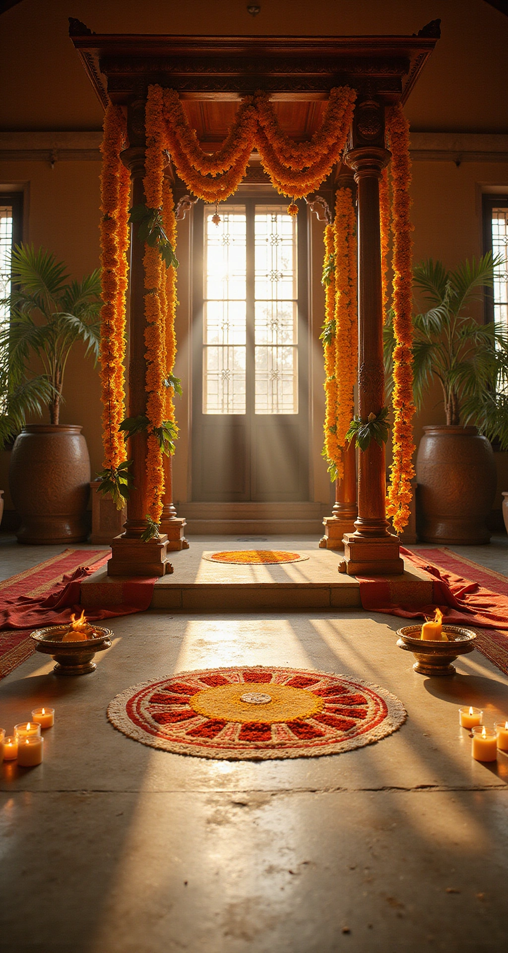 How to Create a Traditional South Indian Wedding Decor That Feels Authentic, Sacred, and Instagram-Ready A traditional South Indian wedding mandap adorned with marigold and jasmine garlands, set in soft golden hour light, featuring brass oil lamps, banana stems, and a hand-drawn kolam, surrounded by rich silk fabrics in warm colors.