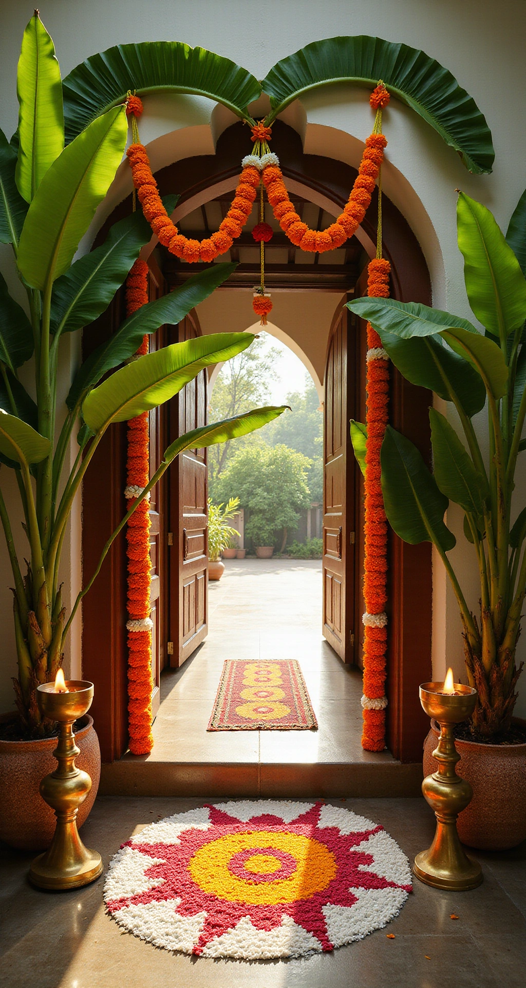 How to Create a Traditional South Indian Wedding Decor That Feels Authentic, Sacred, and Instagram-Ready A close-up shot of a traditional South Indian wedding entrance showcasing vibrant decorations, including tall banana plants, mango leaf torans, flower garlands, and intricate kolam patterns, illuminated by soft midday light with a warm, festive atmosphere.