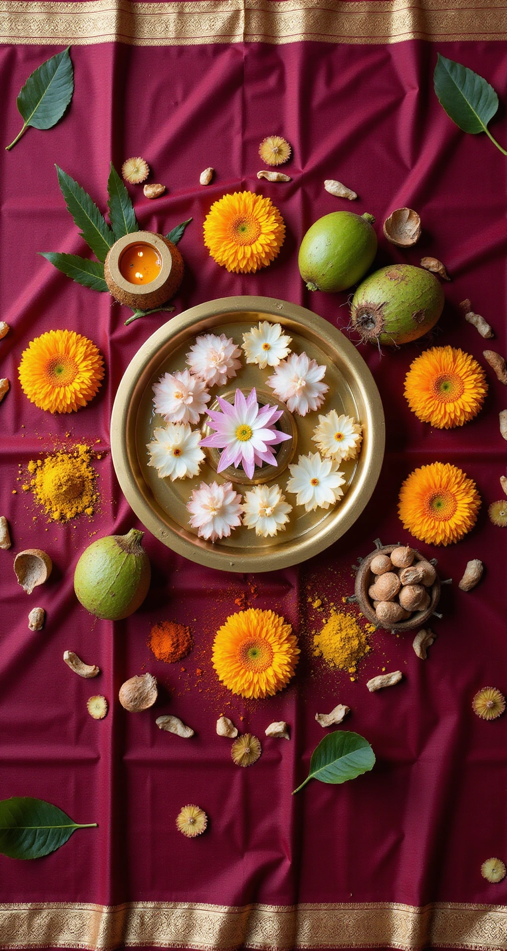 How to Create a Traditional South Indian Wedding Decor That Feels Authentic, Sacred, and Instagram-Ready An overhead shot of a South Indian wedding puja thali on deep burgundy silk, featuring a brass uruli bowl with floating lotus blossoms, lit oil diyas, marigold heads, jasmine buds, turmeric powder, kumkum, green coconuts, betel leaves, and areca nuts in a circular arrangement, framed by banana leaf pieces, illuminated by soft natural light.