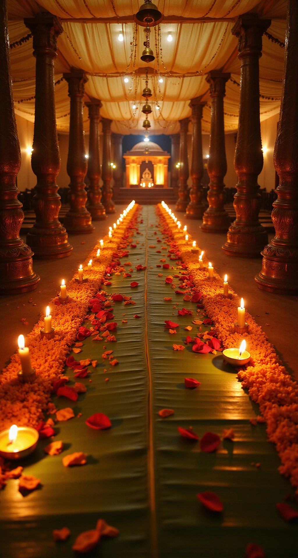 How to Create a Traditional South Indian Wedding Decor That Feels Authentic, Sacred, and Instagram-Ready A grand South Indian wedding aisle illuminated by glowing brass diya lamps, with banana leaves and flower petals lining the pathway, under a golden fabric canopy and adorned with jasmine and brass bells, leading to a luminous wooden mandap at dusk.