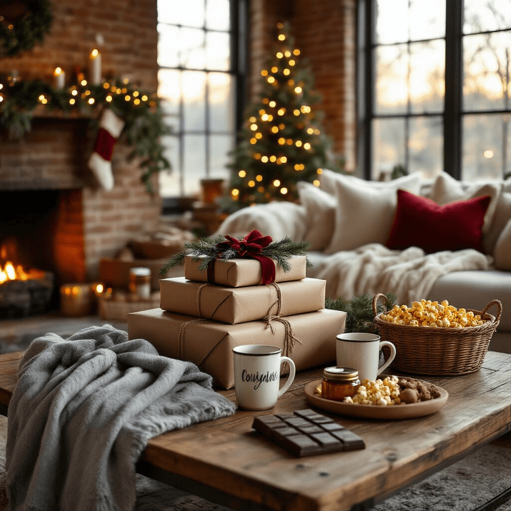 Dirty Santa Gift Ideas That'll Get Stolen Three Times (I've Seen the Fights Happen) Wide-angle shot of a warmly lit holiday living room styled for a Dirty Santa gift exchange, featuring a rustic coffee table adorned with beautifully wrapped gifts, cozy vignettes, fairy lights against exposed brick, and plush velvet cushions, all creating a festive and intimate atmosphere.