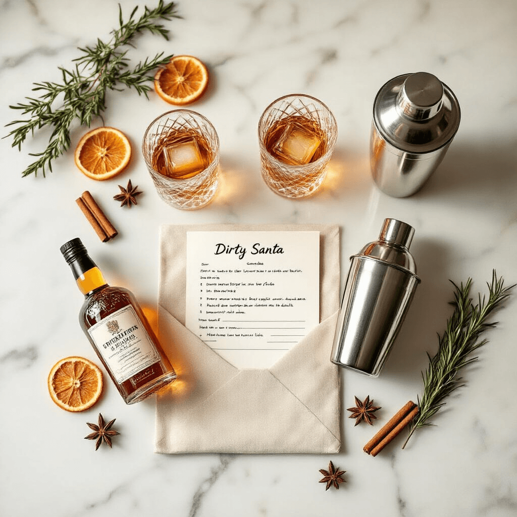 Dirty Santa Gift Ideas That'll Get Stolen Three Times (I've Seen the Fights Happen) Overhead flat-lay of a cocktail gift kit on a marble countertop, featuring crystal lowball glasses, a stainless cocktail shaker, a silicone ice cube tray, a mini bottle of bourbon, a handwritten recipe card in a linen envelope, dried orange slices, cinnamon sticks, star anise, and a sprig of rosemary, all styled in warm amber, cream, and brushed gold tones under soft morning light.