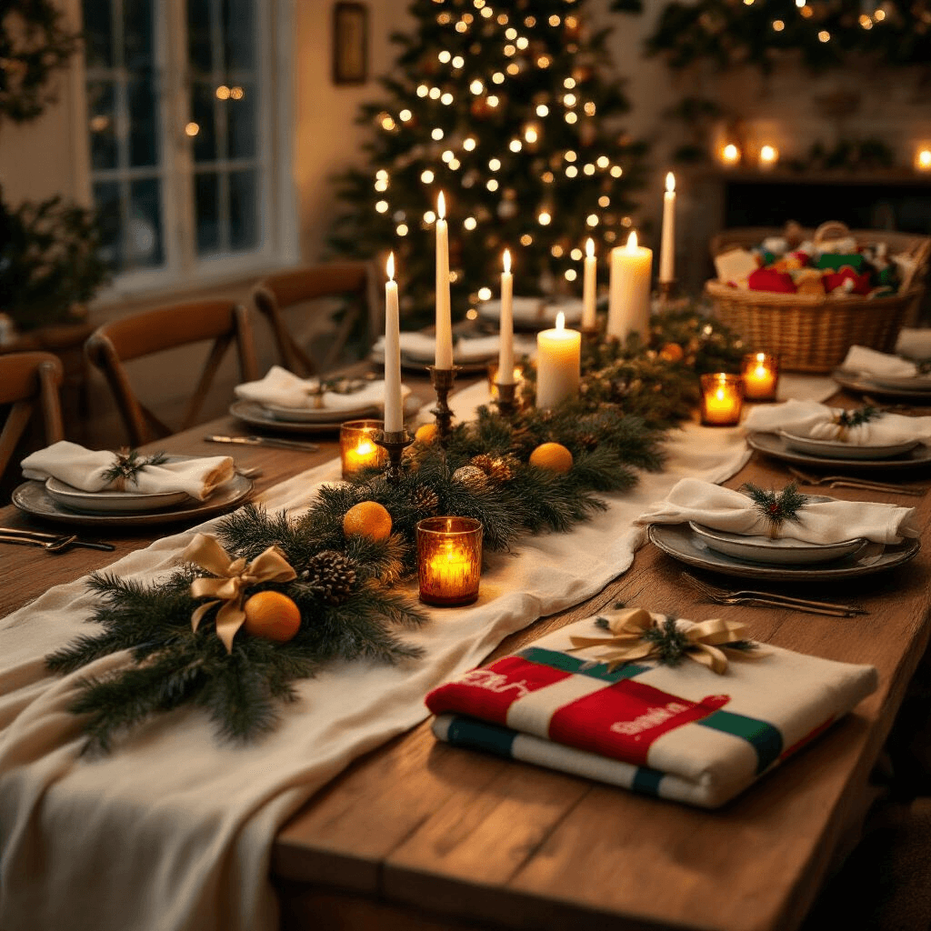 Dirty Santa Gift Ideas That'll Get Stolen Three Times (I've Seen the Fights Happen) A warm, festive holiday dining room features a long oak table adorned with a cream linen tablecloth and a garland of pine, dried citrus, and gold ribbon. The mismatched place settings include stoneware plates, folded linen napkins with holly sprigs, and amber glass candles. In the foreground, a gift display showcases a half-unrolled burrito blanket, colorful socks tied with ribbon, and a gourmet snack basket in organza. Candlelight creates an intimate, celebratory atmosphere with rich terracotta, ivory, and copper tones.
