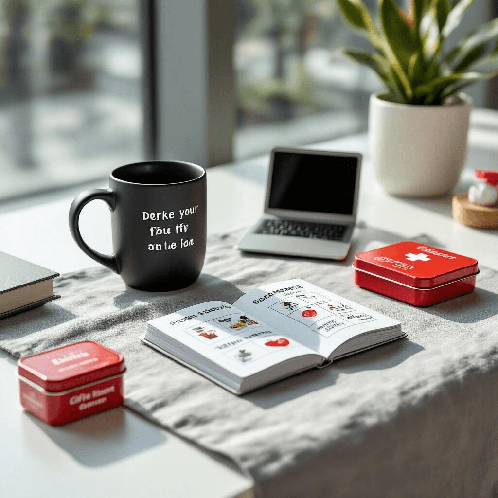 Dirty Santa Gift Ideas That'll Get Stolen Three Times (I've Seen the Fights Happen) Close-up of a stylish office gift exchange table featuring various work-themed Dirty Santa gifts, including a sarcastic black mug, a laptop-shaped stress toy, a humorous desk calendar, and a red coffee emergency kit, all arranged on a gray linen cloth with succulents and a terrarium, illuminated by midday light.