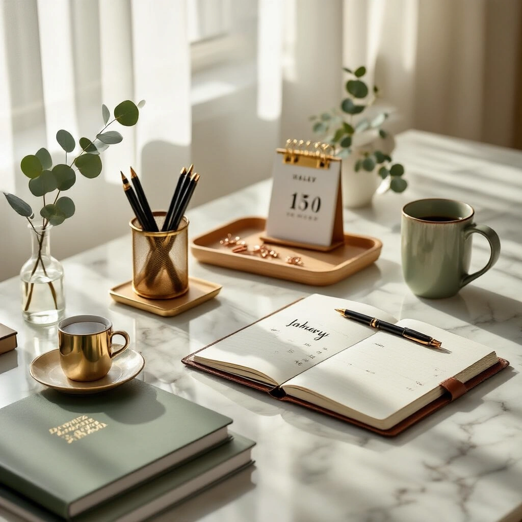 Thoughtful New Year Gifts That Actually Mean Something (No Generic Junk Allowed) A modern home office desk featuring a marble surface styled with a leather-bound bullet journal, brass desk organizer, personalized calendar, steaming mug, and eucalyptus sprig, all bathed in soft morning light with a warm color palette of ivory, gold, and sage green.