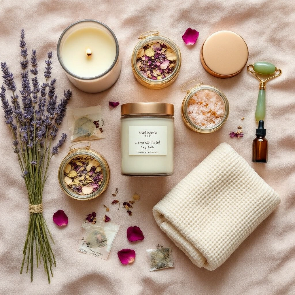 Thoughtful New Year Gifts That Actually Mean Something (No Generic Junk Allowed) Overhead flat-lay of a serene wellness self-care gift arrangement on a blush linen surface, featuring a lavender cedar candle, rose-gold jars of botanical bath salts, honeycomb herbal tea sachets, a cream waffle-weave face cloth, jade roller, amber facial oil, and scattered dried lavender and rose petals, all in muted blush, ivory, and dusty mauve tones.