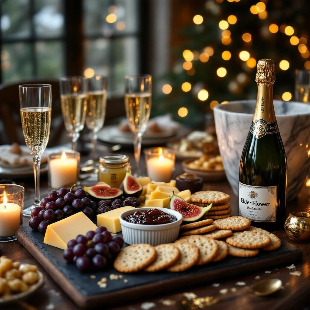 Thoughtful New Year Gifts That Actually Mean Something (No Generic Junk Allowed) A close-up of a New Year's Eve celebration table featuring a dark walnut surface adorned with a gourmet charcuterie spread, including aged cheddar, fig preserves, grapes, artisan crackers, truffle honey, and dark chocolates. A bottle of elderflower sparkling wine in a marble ice bucket sits beside two crystal flutes, illuminated by flickering candlelight against a bokeh background of warm fairy lights. The color palette includes deep charcoal, warm gold, and burgundy, creating a sophisticated and intimate atmosphere.