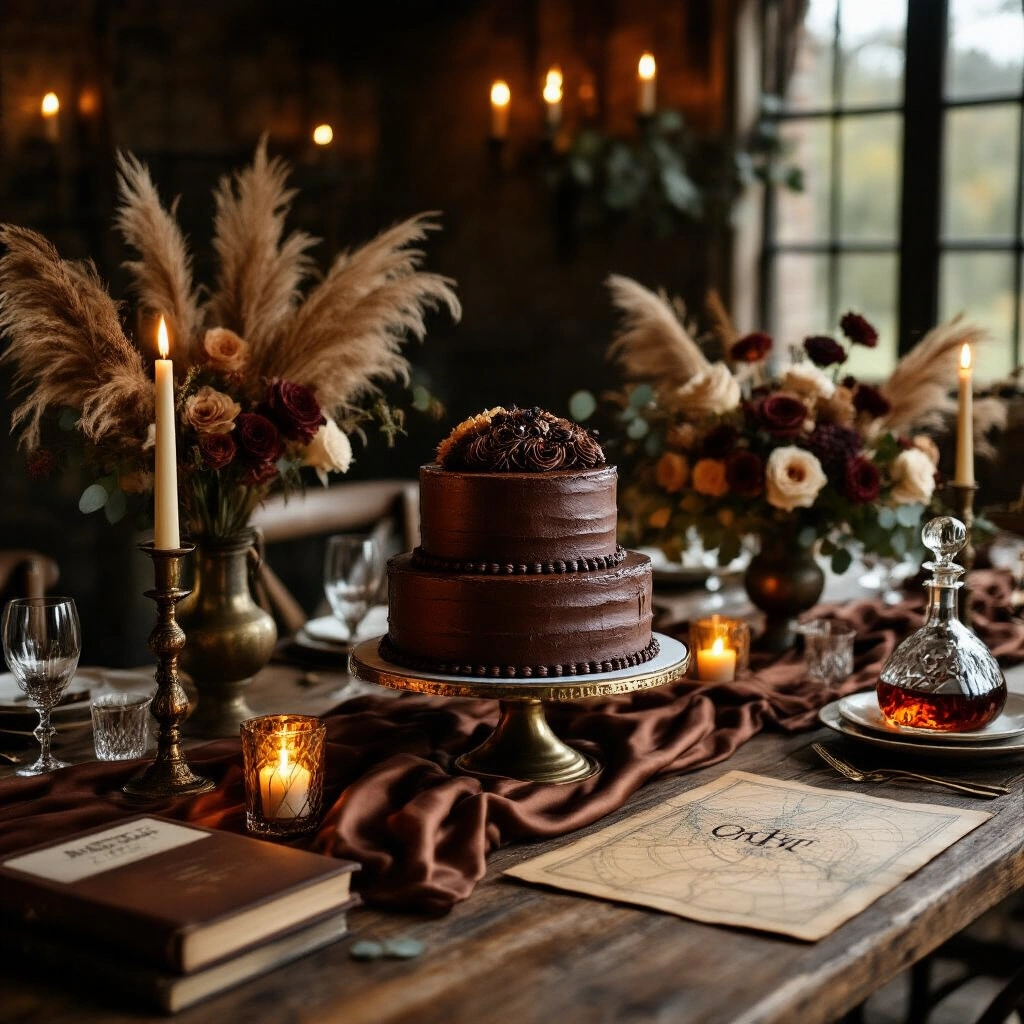 Husband Birthday Gifts That'll Actually Make Him Smile (Not End Up in a Drawer) Wide-angle shot of a warm candlelit indoor birthday celebration, featuring a rustic wood dining table adorned with deep brown silk linens, brass candlesticks, a two-tier chocolate ganache cake on a gold stand, and decor including pampas grass and cognac roses, all illuminated by Edison string lights.