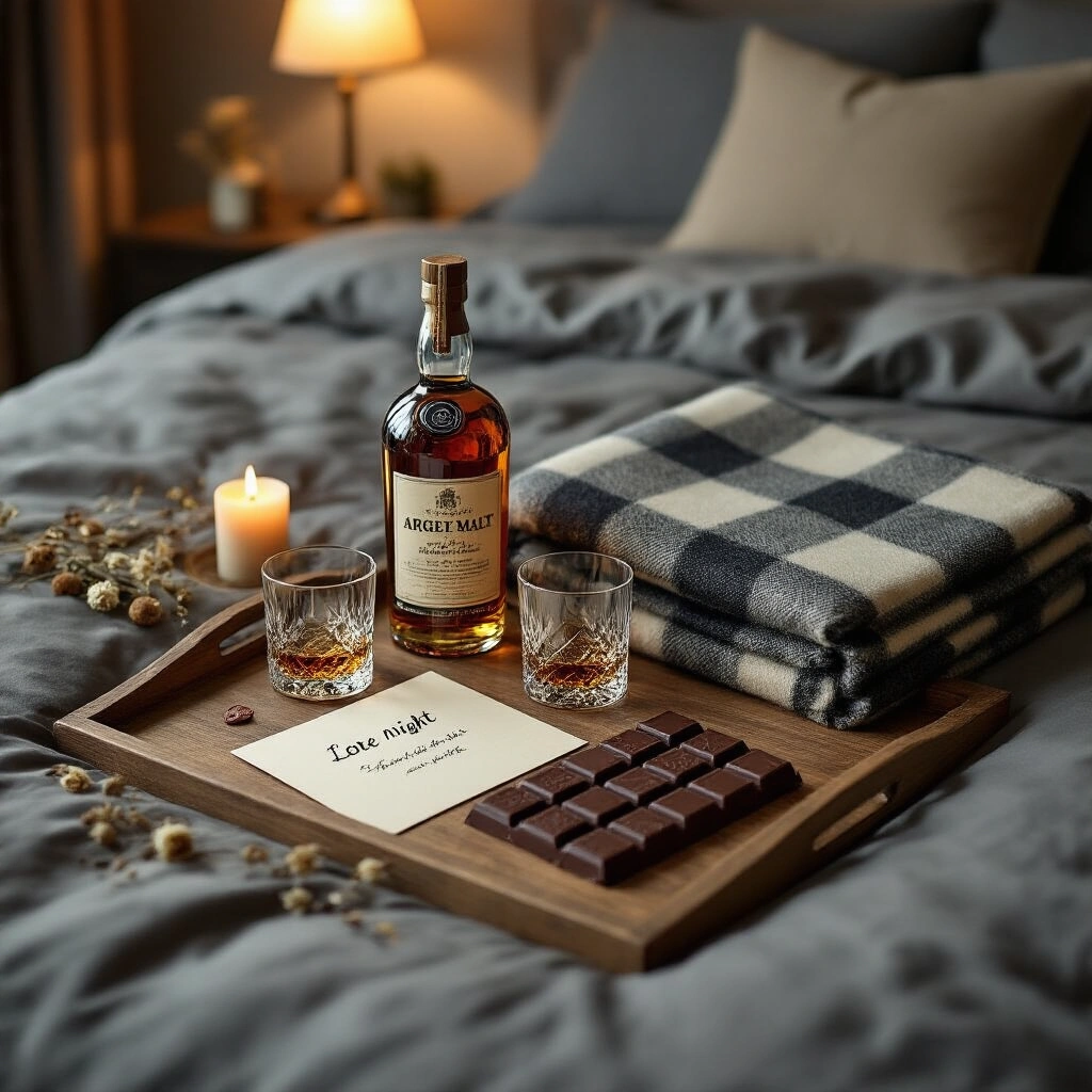 Husband Birthday Gifts That'll Actually Make Him Smile (Not End Up in a Drawer) An overhead flat-lay shot of a date night gift setup on a king-sized slate-grey linen duvet, featuring a weathered wooden serving tray with a sealed bottle of aged single malt whiskey, two crystal rocks glasses, artisan dark chocolate bars, a folded cashmere throw blanket, a handwritten love letter with a wax seal, and a small framed star map print, all surrounded by scattered dried botanicals, a lit taper candle in a matte black holder, and a worn leather journal, creating a cozy and luxe-minimal atmosphere.