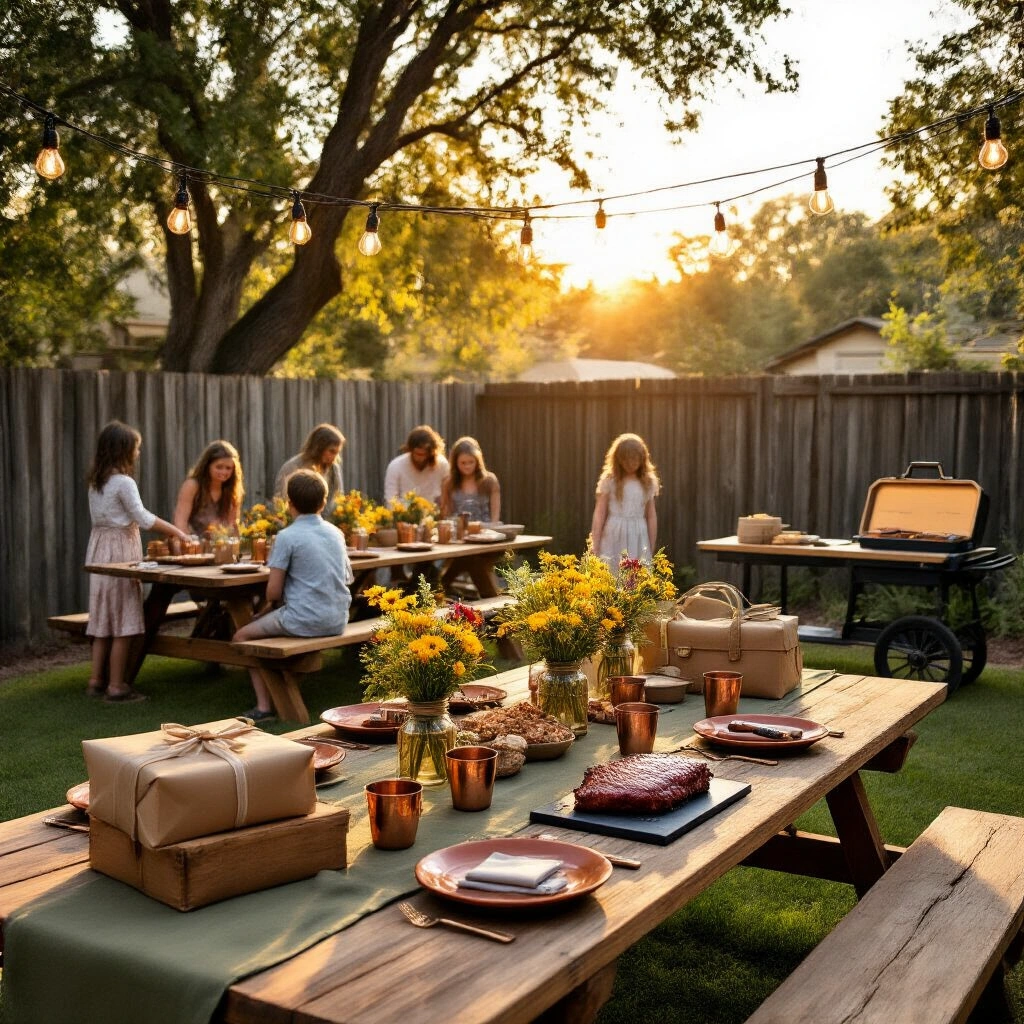 Husband Birthday Gifts That'll Actually Make Him Smile (Not End Up in a Drawer) A beautifully styled backyard birthday celebration features guests around low wooden picnic tables with olive linen runners and terracotta plates, wildflowers in mason jars, and Edison string lights above. A gift display near a wooden fence showcases wrapped parcels, leather goods, a Leatherman toolkit, and a custom pocket knife. A smoked brisket BBQ station with personalized grilling tools adds to the festive atmosphere, all captured during golden hour with warm shadows.