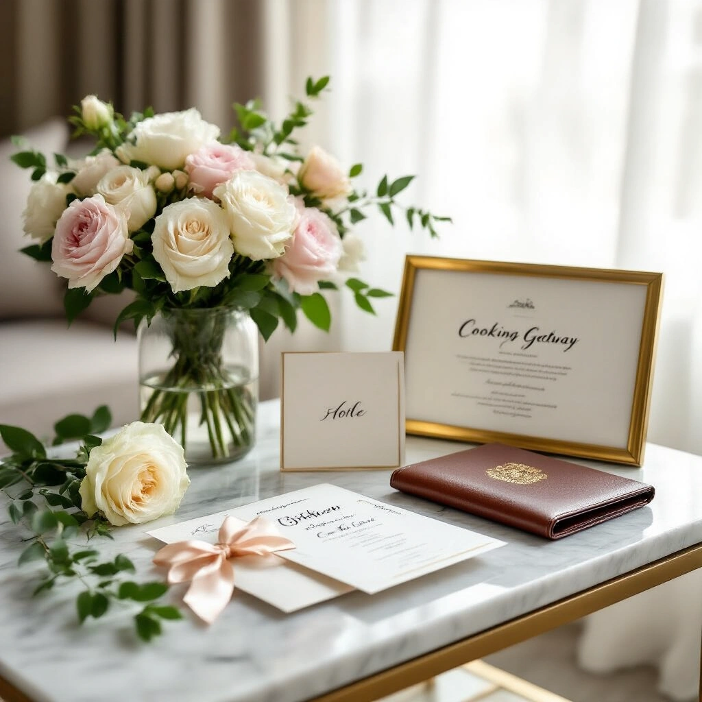 Husband Birthday Gifts That'll Actually Make Him Smile (Not End Up in a Drawer) Close-up of a chic birthday gift display on a marble console table in a modern apartment, featuring concert tickets, a cooking class certificate in a brass frame, a tied weekend itinerary, and a leather passport organizer, surrounded by fresh white roses and blush peonies in a frosted vase, with elegant calligraphy cards and gold accents.