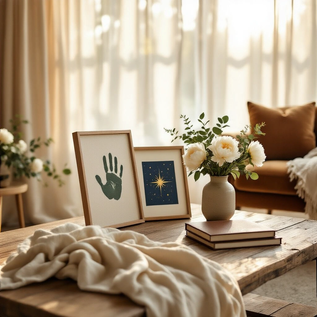 Thoughtful First Father's Day Gifts from Baby That Dad Will Actually Treasure A sunlit modern living room with a rustic coffee table displaying a handprint canvas, a star map print, and a leather-bound photo book, surrounded by fresh white peonies and eucalyptus. A folded muslin blanket drapes over a velvet armchair, creating a tender and intimate Father's Day morning scene.