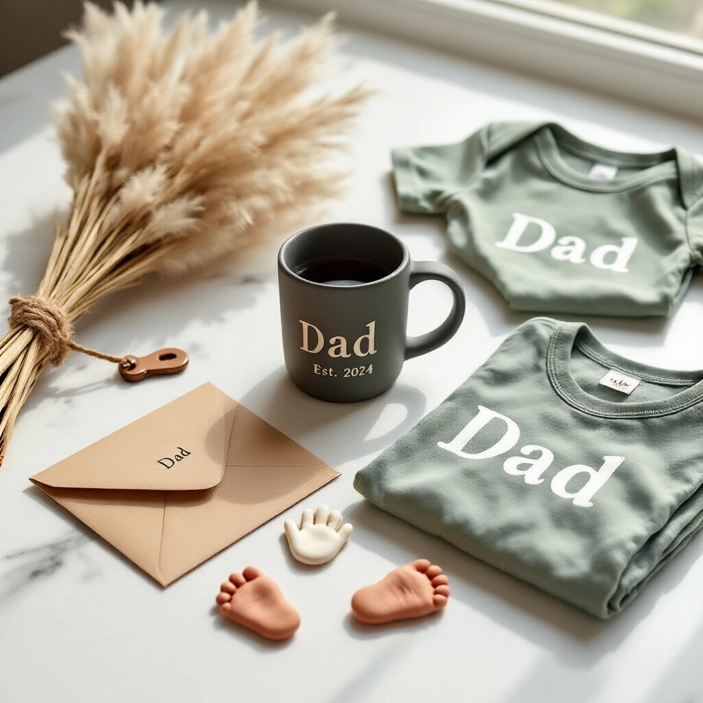 Thoughtful First Father's Day Gifts from Baby That Dad Will Actually Treasure A flat lay featuring a personalized 'Dad Est. 2024' ceramic mug, clay handprint and footprint impression tiles, a kraft-paper envelope with a handwritten letter, a bundle of dried pampas grass tied with jute twine, a leather keychain with baby initials, a folded sage cotton onesie and 'Dad' t-shirt, and scattered pastel blue and cream floral petals, all on a white marble countertop in diffused natural light.
