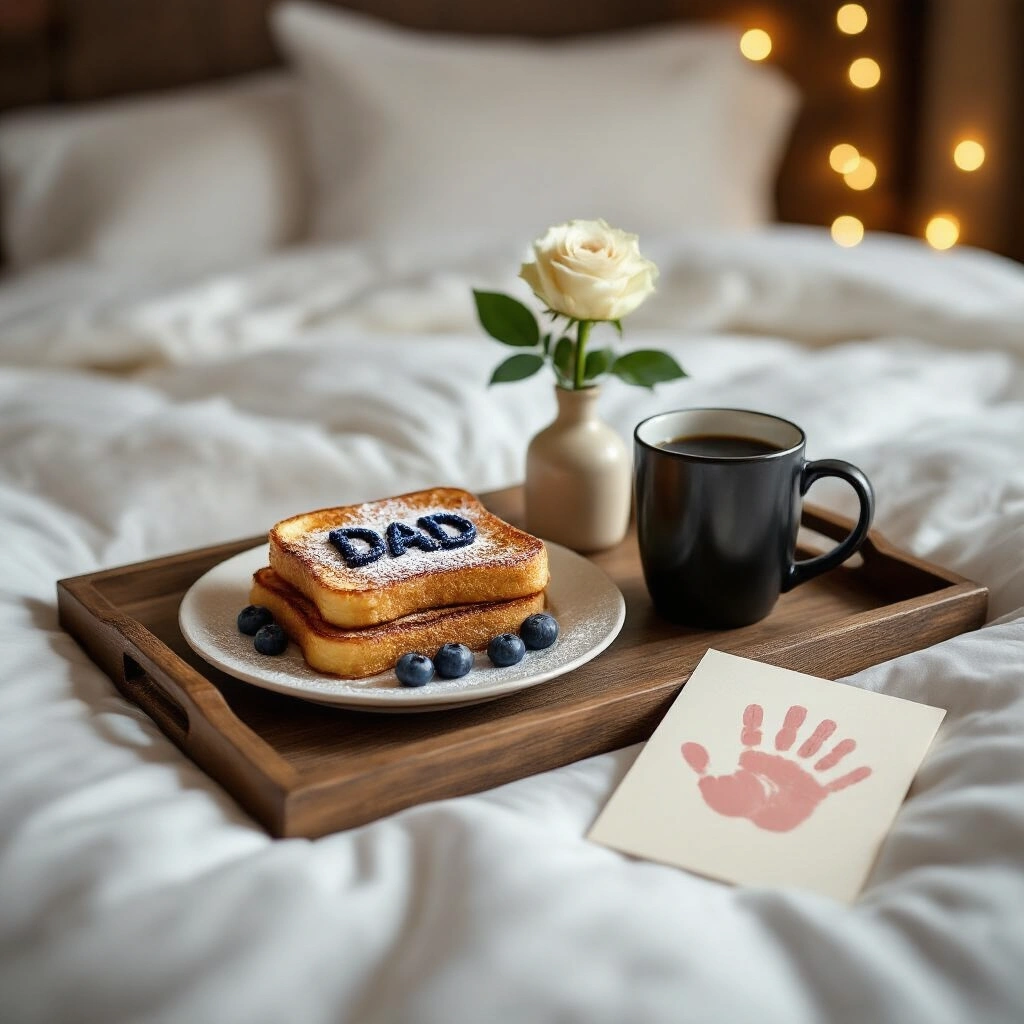 Thoughtful First Father's Day Gifts from Baby That Dad Will Actually Treasure A Father's Day breakfast tray on a king-sized bed adorned with white cotton linens, featuring golden French toast with powdered sugar and 'DAD' spelled in blueberries, a black coffee mug, a white garden rose in a bud vase, and a handmade card in blush pink, all set against a warm bokeh of fairy lights and gentle morning sunlight.