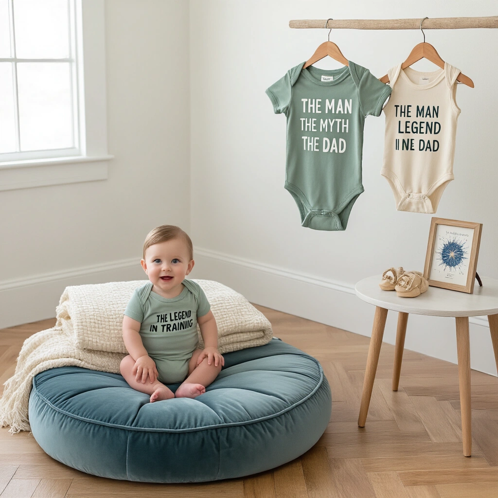 Thoughtful First Father's Day Gifts from Baby That Dad Will Actually Treasure A whimsical and playful Father’s Day photo session setup featuring a plush dusty blue floor cushion, a cream and sage heirloom quilt, matching graphic tee and onesie displayed on a wooden dowel, and a low table with a star map print, personalized board book, and clay handprint ornament, all illuminated by soft natural light in a bright minimalist studio with whitewashed walls and oak herringbone flooring.