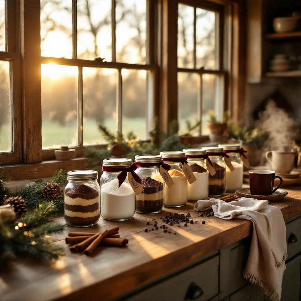 Easy Homemade Christmas Gift Ideas That Actually Look Like You Tried A warmly lit rustic farmhouse kitchen at golden hour, featuring a reclaimed oak countertop adorned with beautifully arranged mason jars of layered cookie mix ingredients, tied with burgundy velvet ribbon and kraft paper tags, surrounded by cinnamon sticks, evergreen sprigs, and vintage linen dish towels, creating a cozy atmosphere.