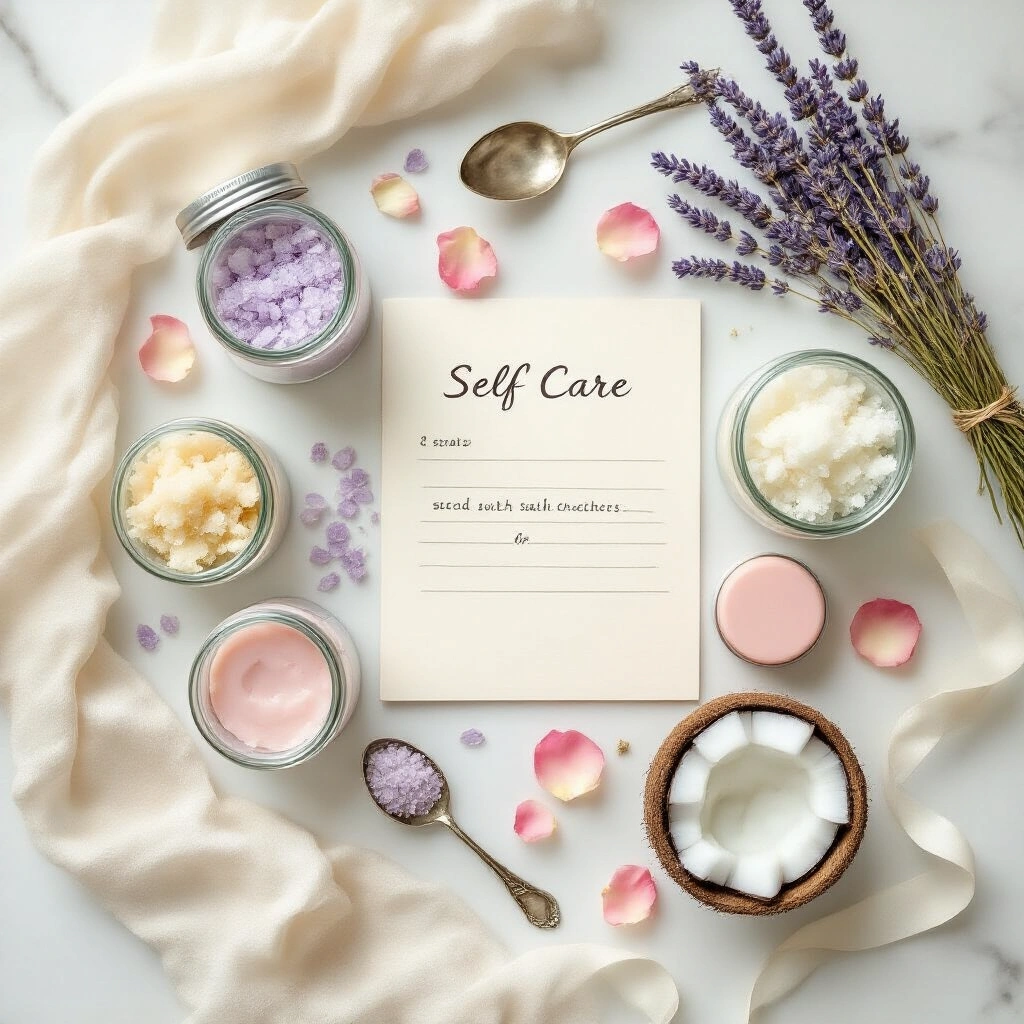 Easy Homemade Christmas Gift Ideas That Actually Look Like You Tried Overhead view of a homemade self-care gift collection on a white marble countertop, featuring lavender bath salts, creamy sugar scrubs, lip balm tins, dried lavender, raw coconut oil, rose petals, silver spoons, and a handwritten recipe card, all arranged in soft blush, silver, and sage green tones under diffused morning light.