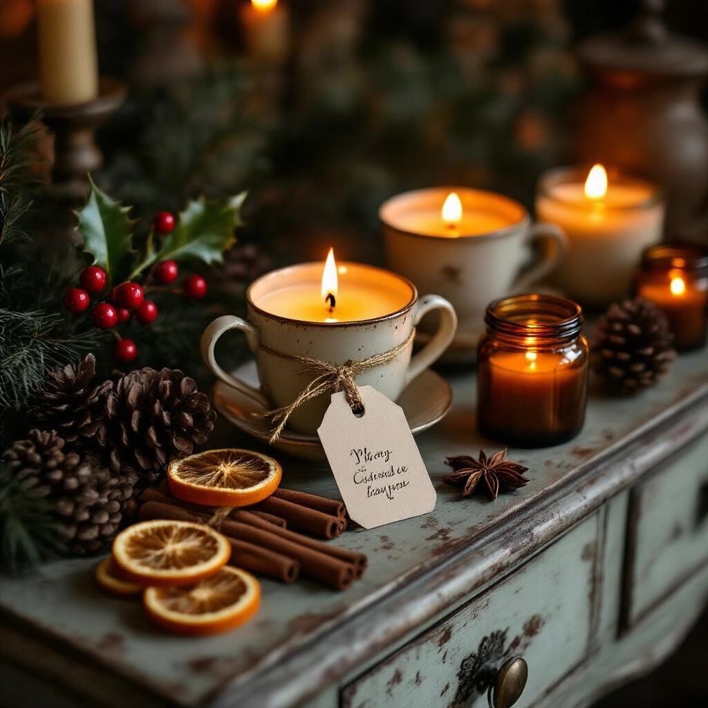 Easy Homemade Christmas Gift Ideas That Actually Look Like You Tried Close-up of a candlelit vignette on a vintage sideboard featuring handmade soy candles in antique teacups and amber jars, surrounded by dried orange slices, cinnamon sticks, star anise pods, pinecones, and fresh holly, creating a warm and intimate winter atmosphere.