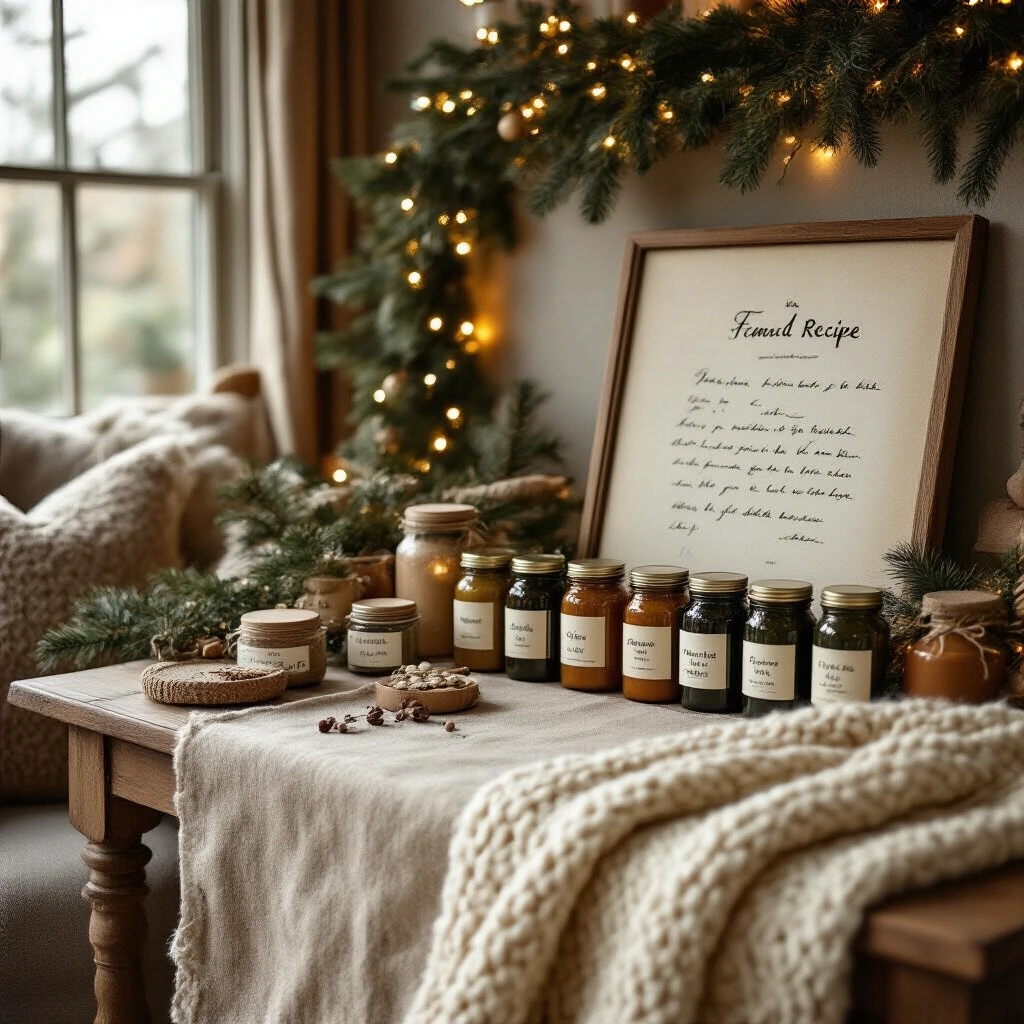 Easy Homemade Christmas Gift Ideas That Actually Look Like You Tried A cozy living room corner decorated for Christmas, featuring a gift display table with a natural linen runner, jars of spices, simmer pot kits in mason jars, herb-infused olive oil bottles, and a handwritten family recipe in a frame. Soft fairy lights illuminate the scene against a pine garland backdrop, while a chunky arm-knitted oatmeal blanket rests on a nearby chair. The color palette includes deep forest green, rustic terracotta, and warm cream, evoking a heartfelt and nostalgic atmosphere.