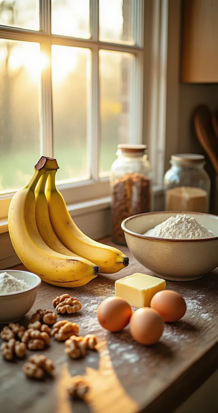 Banana Walnut Cake: The Only Recipe You'll Ever Need A rustic kitchen counter illuminated by warm morning light features overripe bananas, chopped walnuts, a flour-dusted ceramic mixing bowl, softened butter, fresh brown eggs, and jars of cinnamon and vanilla extract, with a dreamy bokeh background and soft shadows creating a cozy, cinematic food scene.